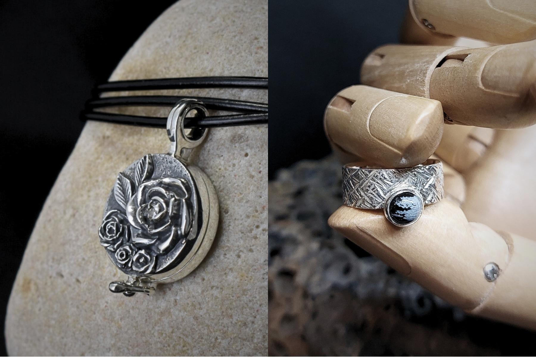 Ręcznie wykonany srebrny medalion oraz pierścionek z fakturowaną powierzchnią